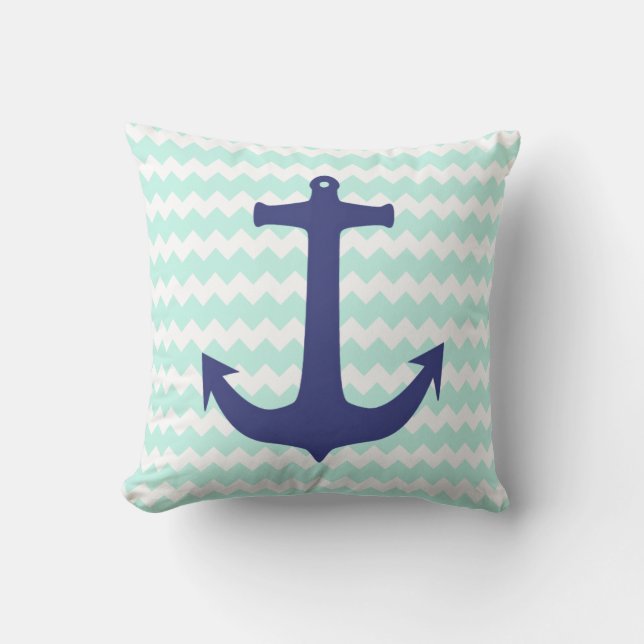 Trendy Chic Mint Chevron Blue Anchor Pillow (Front)