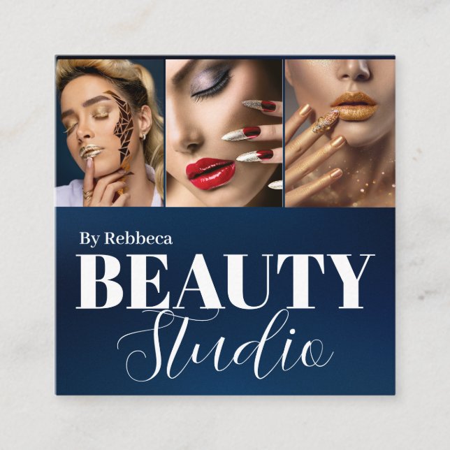 Trendy chic modern QR code nails photo Blue Square Business Card (Front)