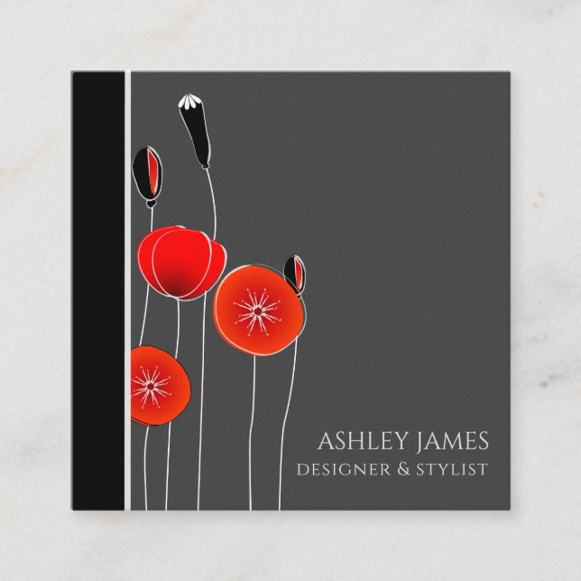 Trendy Chic Modern Red Floral Designer Stylist Square Business Card (Front)