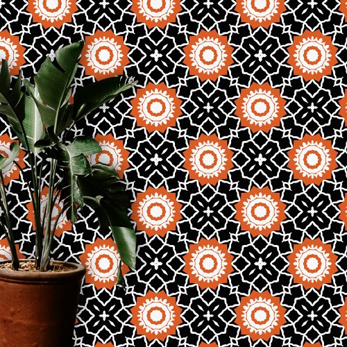 Trendy Chic Moroccan Black Orange White Geometric Wallpaper