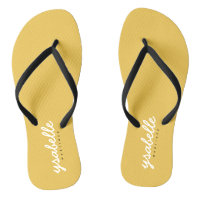 Trendy Chic Mustard Yellow Simple Bold Script Name Flip Flops