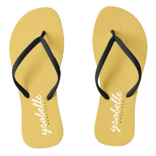 Trendy Chic Mustard Yellow Simple Bold Script Name Flip Flops