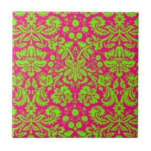 Trendy Chic Neon Damask Green on Pink Tile