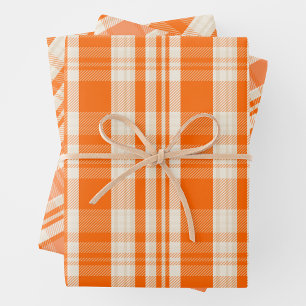 Trendy & Chic Orange & Cream Plaid Patterns Wrapping Paper Sheets