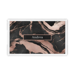 Trendy Chic Personalized Black Rose Gold Marble Acrylic Tray