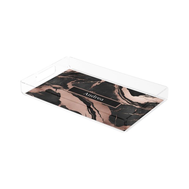 Trendy Chic Personalized Black Rose Gold Marble Acrylic Tray (Angled)