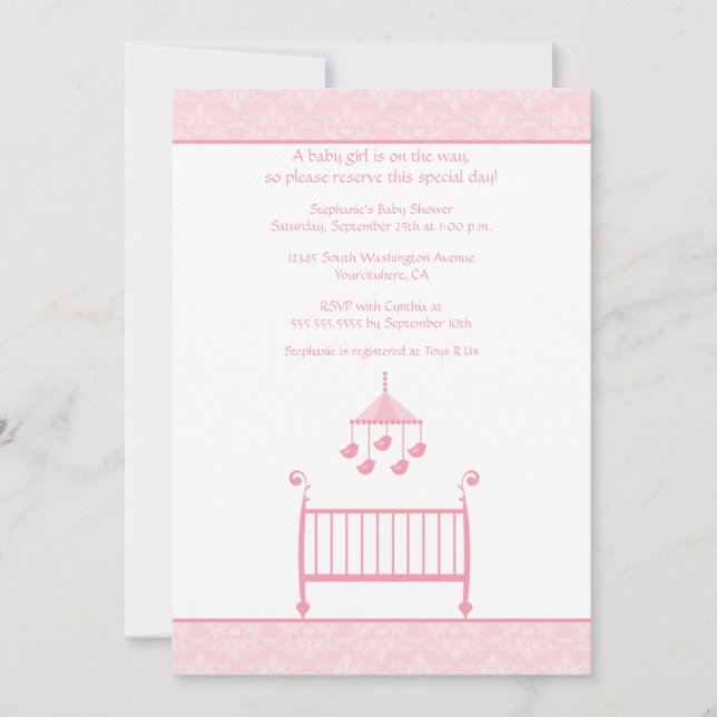 Trendy chic pink damask baby shower invitation (Front)