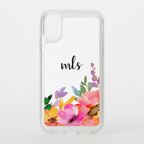 Trendy Chic Pink Watercolor Floral Monogram Speck iPhone XR Case