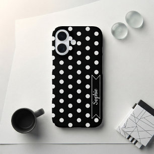 Trendy Chic Polka Dots Custom Name Black and White iPhone 16 Case