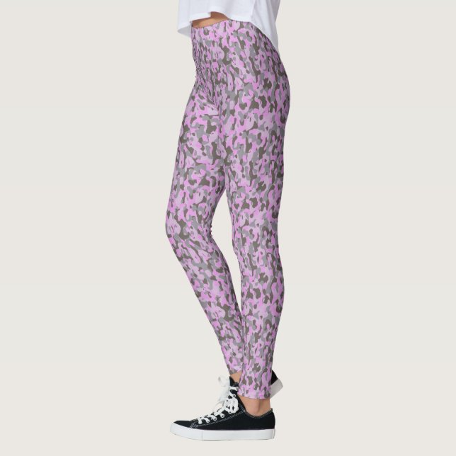 Trendy Chic Purple Pink And Grey Camo Pattern Leggings (Left)