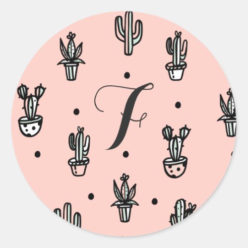 Trendy Chic Stylish Potted Cactus Plants Monogram Classic Round Sticker