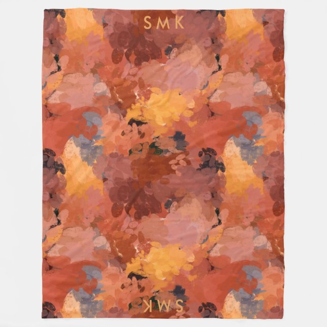 Trendy Chic Terracotta Rust Orange Brown Monogram Fleece Blanket (Front)