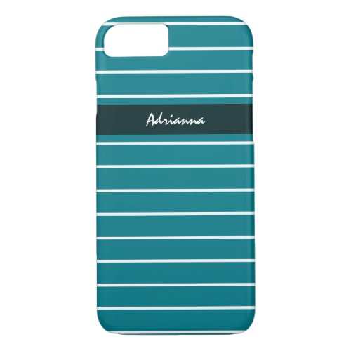 Trendy Chic Thin Teal Stripes With Name iPhone 87 Case