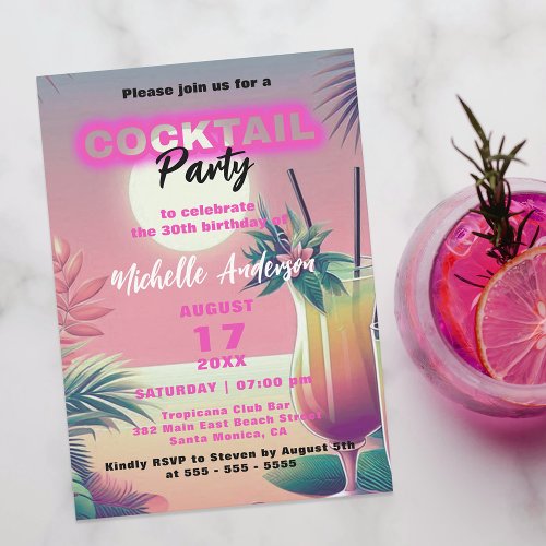 Trendy Chic Tropical Summer Sunset Cocktail Party  Invitation