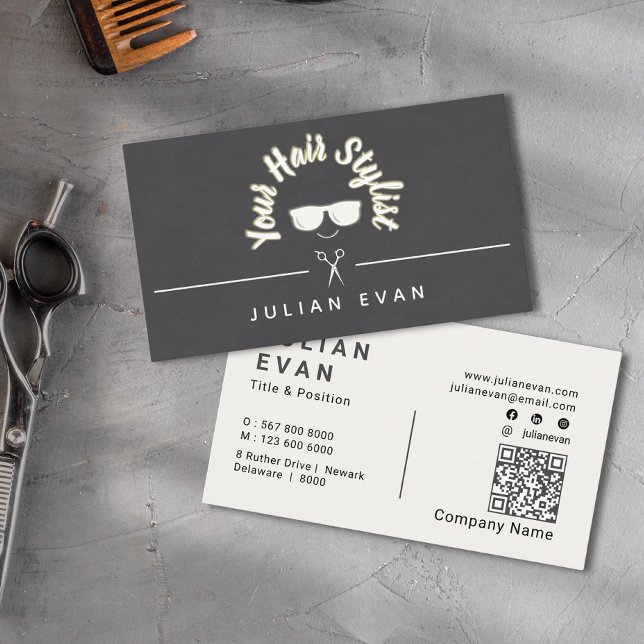 Trendy Chic Unique Glowing Black Hair Stylist Logo Business Card (Trendy Chic Unique Glowing Black Hair Stylist Logo Business Card)