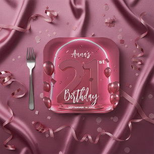 Trendy Chic Vibrant Hot Pink Neon 21st Birthday Paper Plates