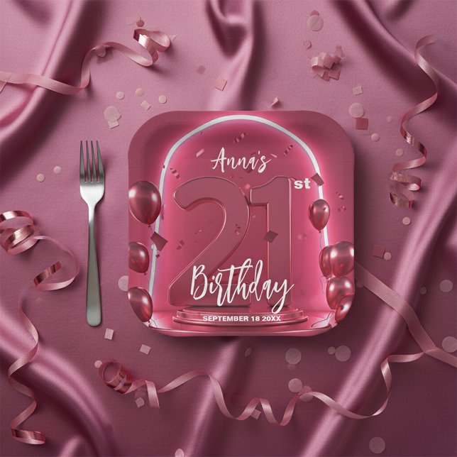 Trendy Chic Vibrant Hot Pink Neon 21st Birthday Paper Plates (Creator Uploaded)