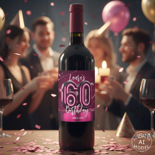 Trendy Chic Vibrant Hot Pink Neon 60th Birthday Wine Label