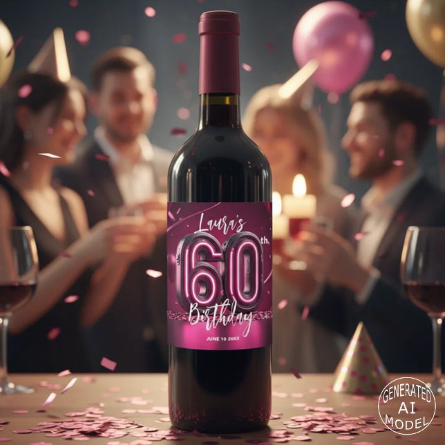 Trendy Chic Vibrant Hot Pink Neon 60th Birthday Wine Label (Creator Uploaded)