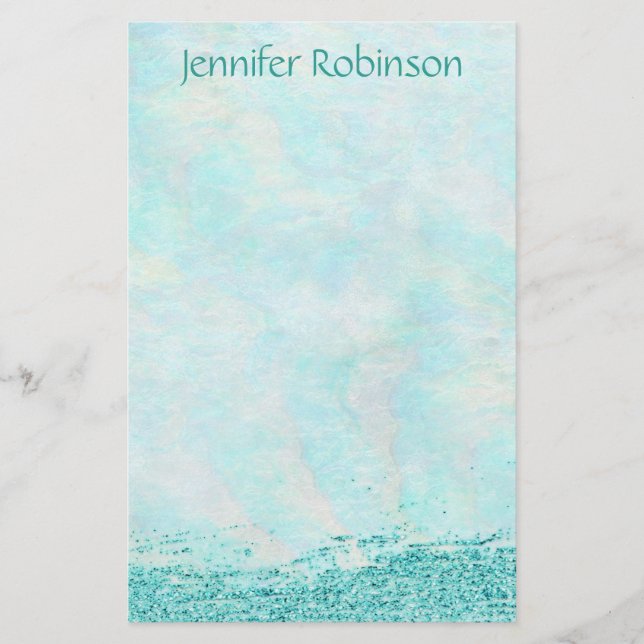 Trendy Chic Watercolor Glitter Ocean Breeze Stationery (Front)
