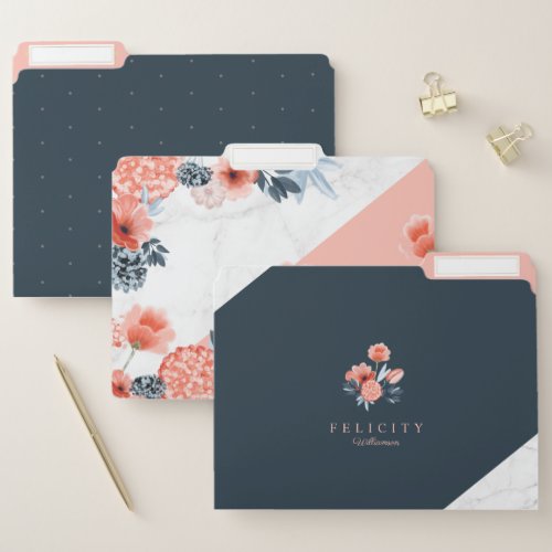 Trendy Chic Watercolour Botanical Floral  Marble File Folder