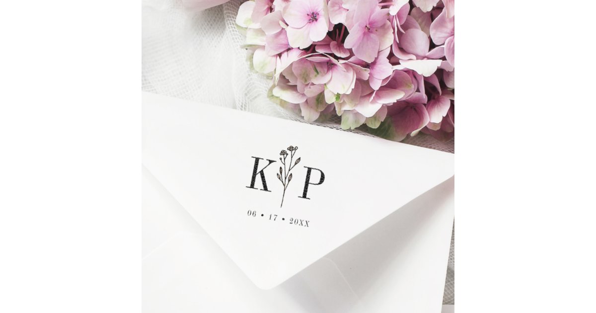 Trendy Chic Wedding Wildflowers Initials Monogram Rubber Stamp | Zazzle