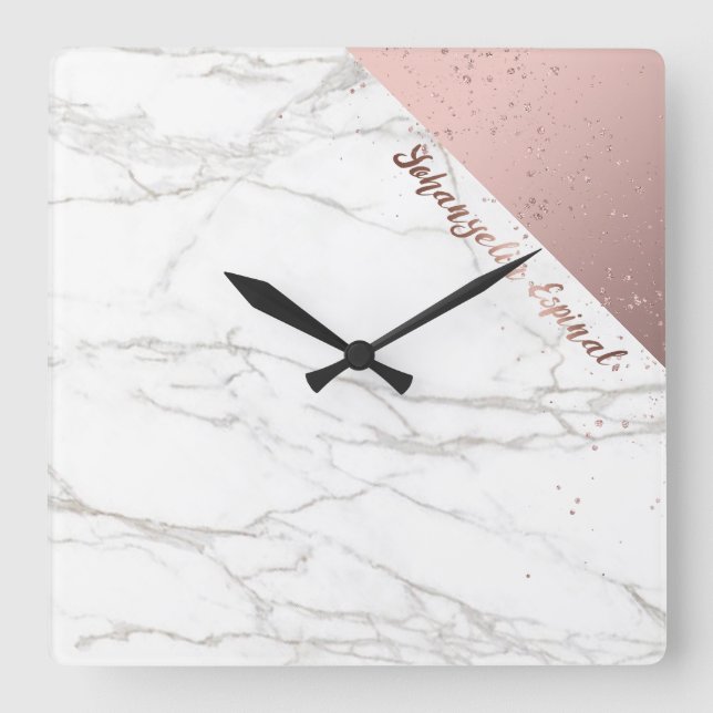 Trendy Chic White Marble Rose Gold Personalized Square Wall Clock (Front)