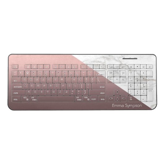 Trendy Chic White Marble Rose Gold Personalized Wireless Keyboard (Front)