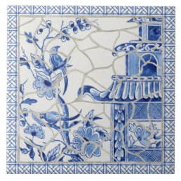 Trendy Chinoiserie Chic Blue White Chinese Pagoda  Ceramic Tile