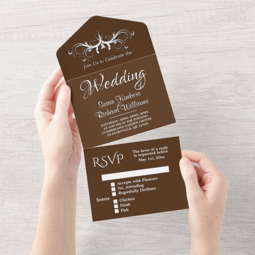  Trendy Chocolate and White Tri Fold w Rsvp All In One Invitation