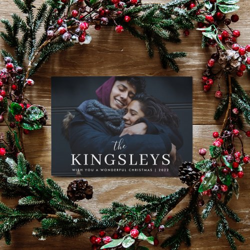 Trendy Christmas Black Stylish Modern Couple Photo Holiday Card