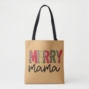 Trendy Christmas Color Block Leopard Merry Mama Tote Bag