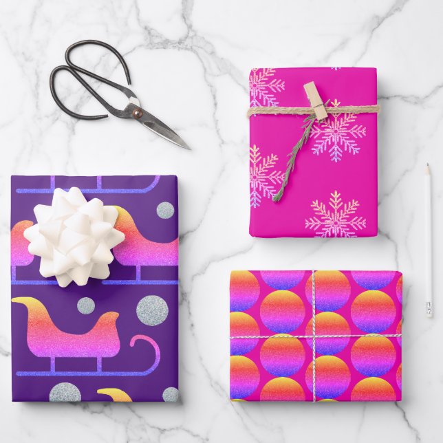 Trendy Christmas Girly Hot Pink Sleigh Glitter  Wrapping Paper Sheets (Front)