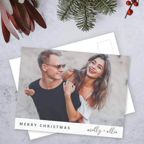 Trendy Christmas  Modern Stylish Couple Photo Holiday Postcard