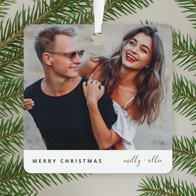 Trendy Christmas | Modern Stylish Couple Photo Metal Ornament (Creator Uploaded)