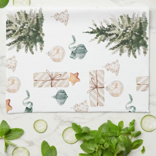 Trendy Christmas Pattern  Watercolor  Kitchen Towel