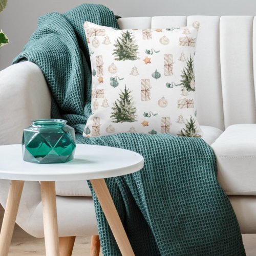 Trendy Christmas Pattern  Watercolor  Throw Pillow