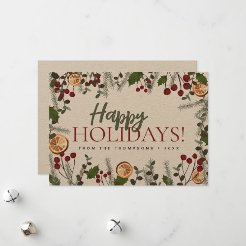 Trendy Christmas pine holly oranges Happy Holidays Holiday Card