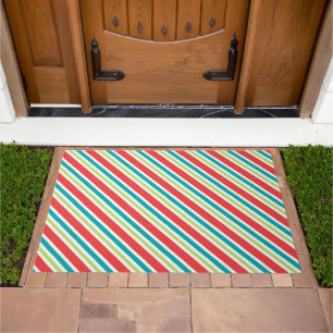 Trendy Christmas Red Blue Green Candy Striped Doormat