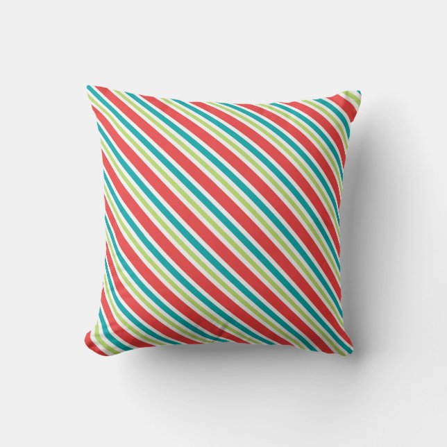 Trendy Christmas Red Blue Green Candy Striped Throw Pillow (Front)