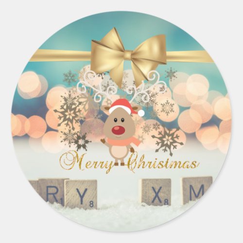 Trendy  Christmas Reindeer Faux Gold BowBokeh Classic Round Sticker