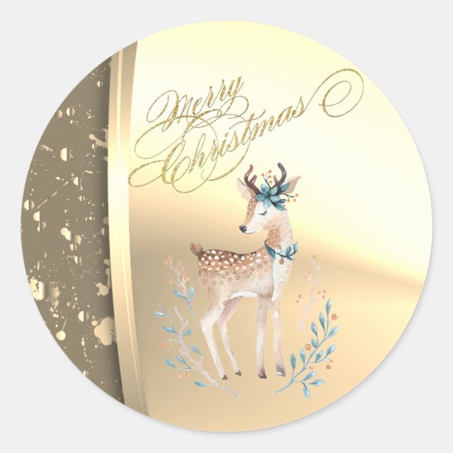 Trendy Christmas Reindeer ,Faux Gold  Classic Round Sticker (Front)