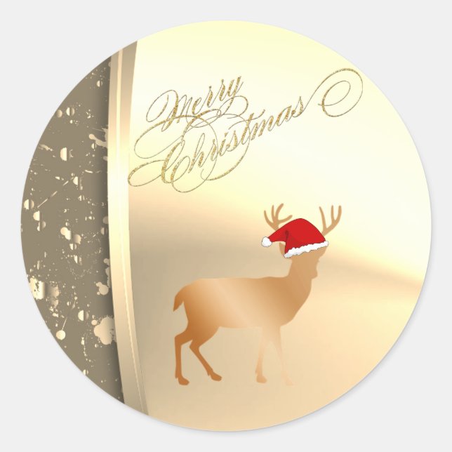 Trendy Christmas Reindeer  Santa Hat ,Faux Gold Classic Round Sticker (Front)