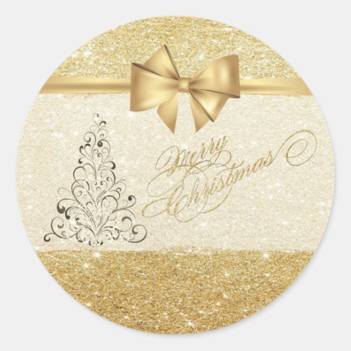 Trendy  Christmas Tree Faux Gold BowGlittery Classic Round Sticker