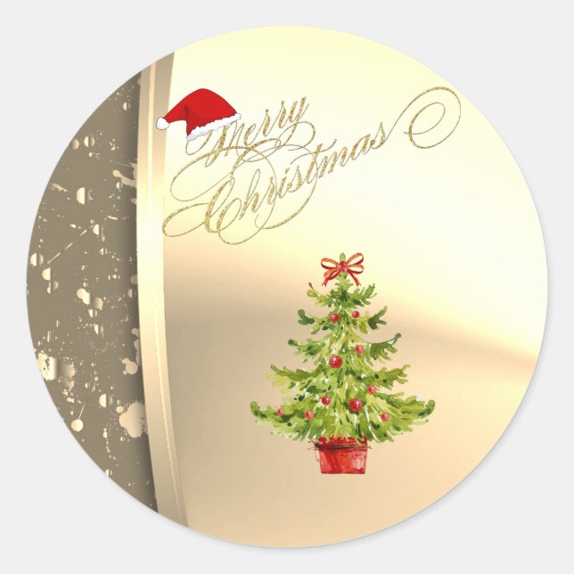 Trendy Christmas Tree, Santa Hat, Faux Gold Classic Round Sticker (Front)