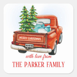 Trendy Christmas truck with christmas tree Square Sticker