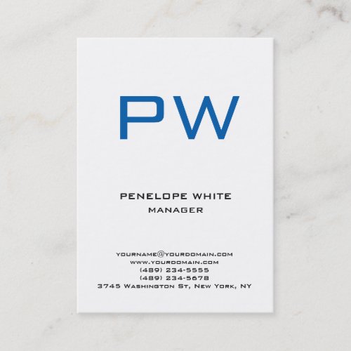Trendy chubby modern plain white blue monogram business card