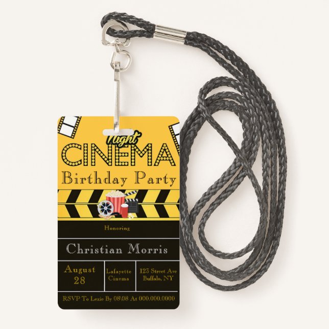 Trendy Cinema Any Age Birthday Party Badge (Front with Lanyard)