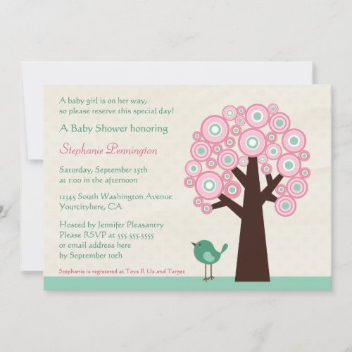 Trendy circle tree and bird baby shower invitation