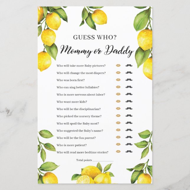 Trendy Citrus Lemon Mommy or Daddy Game (Front)